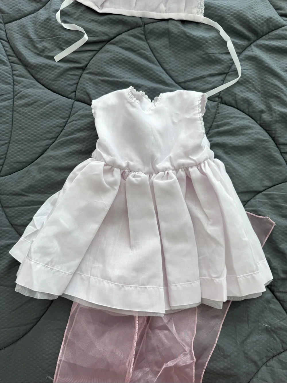 White & Pink Baby girl Dress with Pink Sash and Headpiece - handmade - NEW
